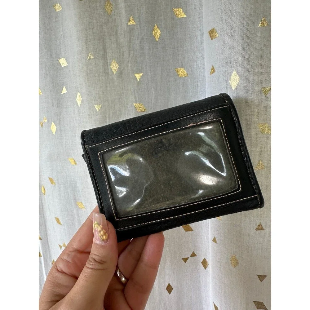 Vintage Esprit Black Faux Textured Leather Mini Zipper ID Pocket Wallet Key Ring